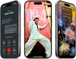 Tres modelos de iPhone 17 Pro, parte frontal, lado a lado, mostrando iOS 26, efecto de Liquid Glass y funcionalidad de Apple Intelligence