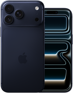 Lado a lado, iPhone 17 Pro Max, parte trasera, sistema de cámaras Pro, 3 lentes, micrófono, flash, acabado azul profundo, iPhone 17 Pro, parte frontal con diseño todo pantalla, acabado azul profundo
