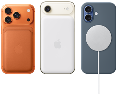 iPhone 17 Pro, parte trasera, color naranja cósmico, con carcasa de silicona color siena y una billetera de FineWoven con MagSafe en naranja zorro; iPhone Air, parte trasera, color blanco nube, con batería Magsafe; iPhone 17, parte trasera, color azul neblina, con carcasa de silicona color azul ancla y cargador MagSafe